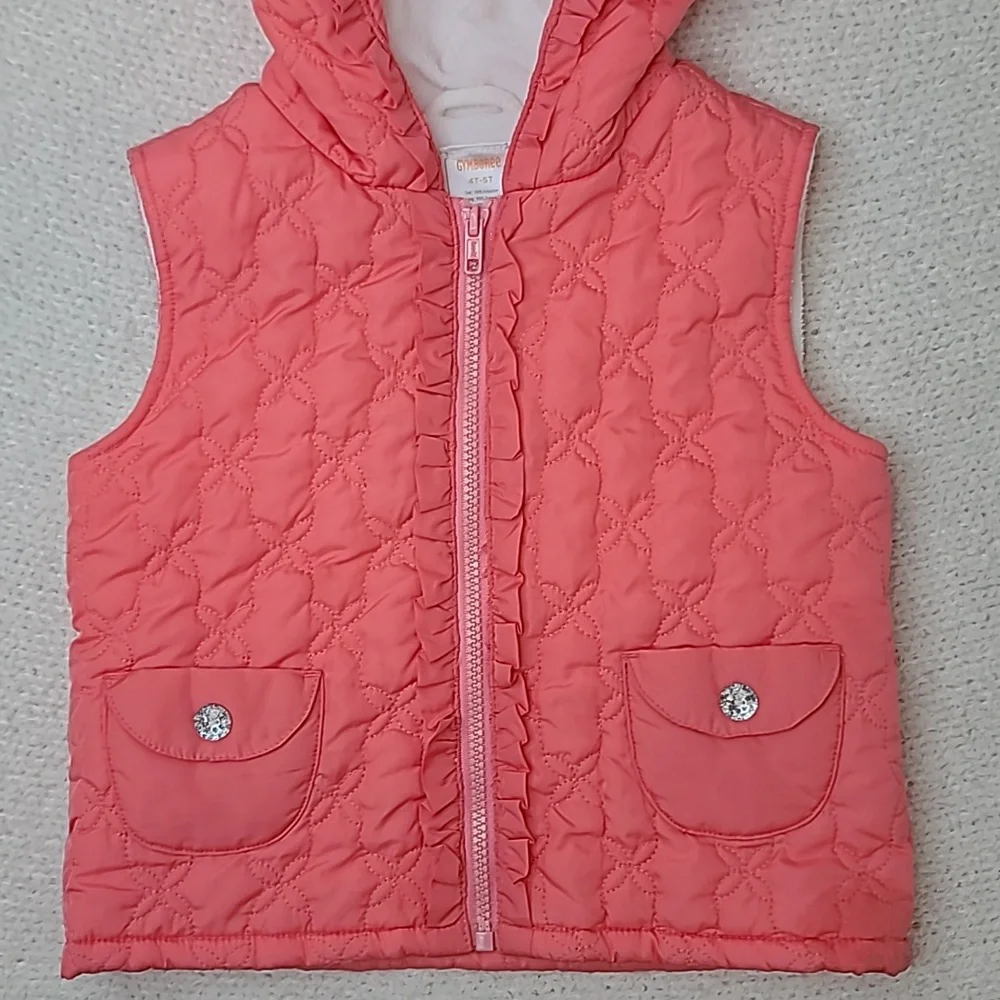 Gymboree Girl's Zip Up Hooded Fleece Lined Quilted Puffer Vest Jacket Pink/Cream